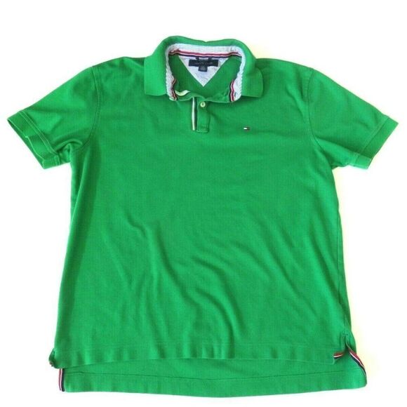 Tommy Hilfiger Polo Shirt Men Large Green Red Flag Golf Rugby Casual 100% Cotton - Picture 1 of 10